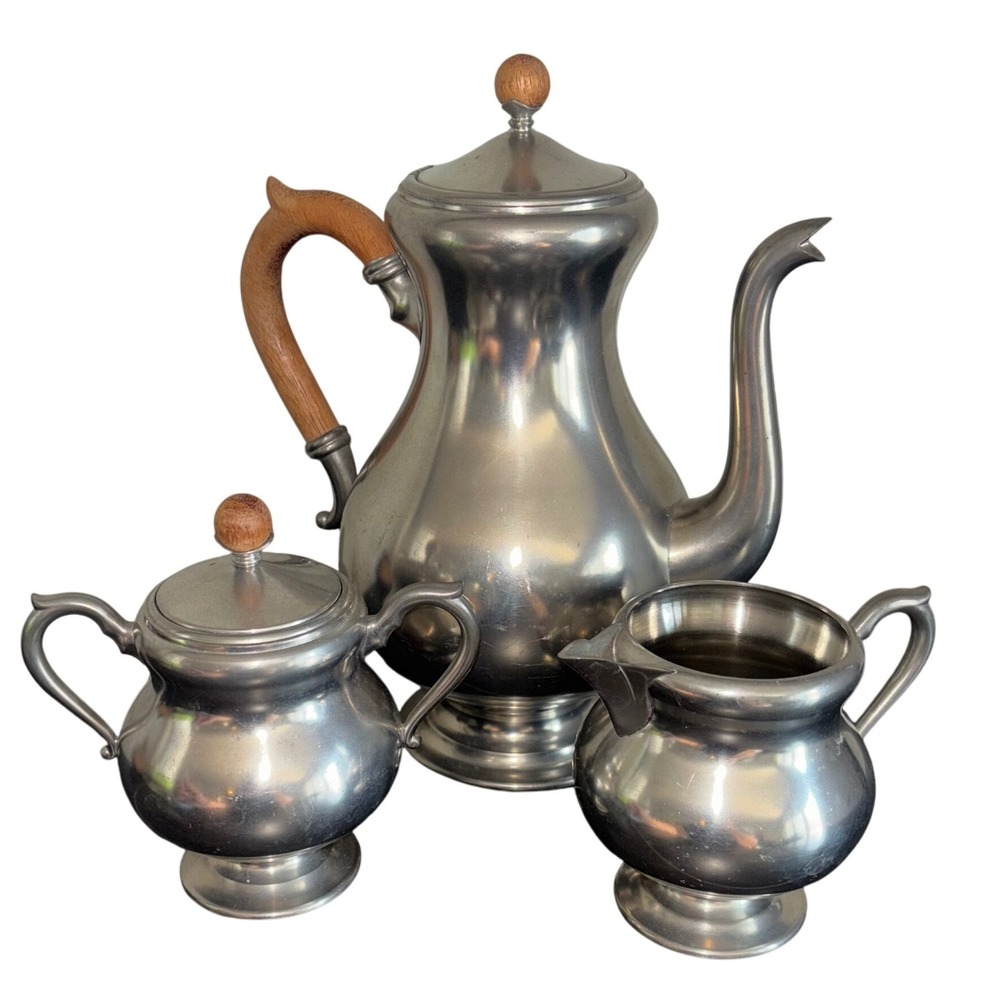 Vintage Royal Holland Pewter Tea Set | 3 Pieces: Pot Sugar Bowl Creamer No Tray